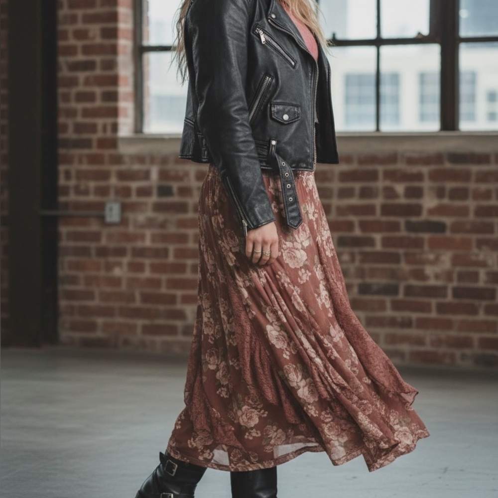 NWT Listicle Floral Print Boho Lace Smocked Waist Maxi Skirt Midi Red Bean - Picture 8 of 8